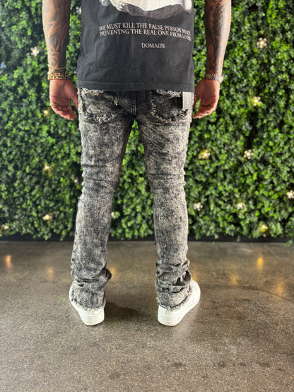 Black acid wash distressed skinny/slim flare jean